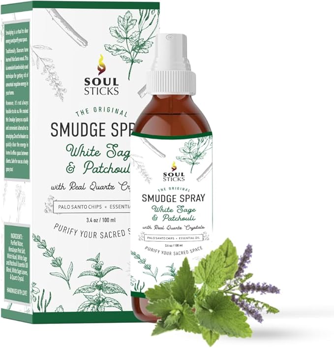 SOUL STICKS White Sage & Patchouli Smudge Spray For Cleansing and Negative Energy | 3.5oz White Sage Smudge Spray with Real Quartz Crystals | Car Fragrance Sage Room Spray for Spiritual Cleansing SoulSticks
