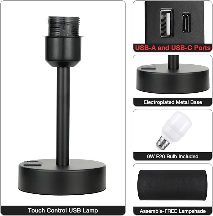 Black Touch Nightstand Lamps for Girl - Small Bedside Lamp with USB-C and USB Charging Ports, 3 Way Dimmable Control Table Lamp for Living Room Office, Dorm, Reading with Fabric Shade Black Base - Bloomnest