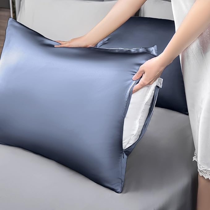 Mulberry Silk Pillowcase for Hair and Skin,Standard Size Cooling Silk Pillow Case with Hidden Zipper,Allergen Proof Dual Sides Soft Breathable Smooth Silk Pillow Cover for Women(Standard,Grayish Blue) - Bloomnest
