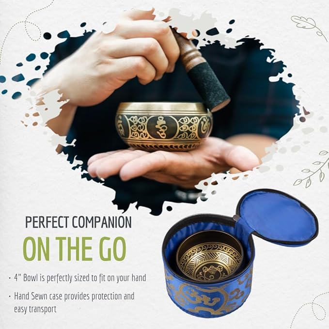 Wish Well Tibetan Singing Bowl Set ~ 4" Sound Bowl with 7 Chakra Crystal Stones, Rose Quartz Pendulum, Fabric Case, Cushion, & Mallet ~ Perfect For Meditation, Yoga, Spiritual Healing, & Mindfulness - Bloomnest