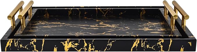 Modern Decorative Tray Set of 2 - Black and Gold Marble Wood Serving Tray with Gold Polished Metal Handles for Ottoman, Coffee Table, and More - Bloomnest