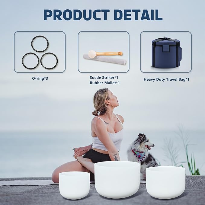 440HZ Sound Healing 8''-12'' Set of 3 Crystal Singing Bowls, Frosted Chakra Quartz Crystal Sound Bowl 8'' A Third-Eye, 10'' F Heart, 12'' C Root With Carry Bags and Mallet - Bloomnest