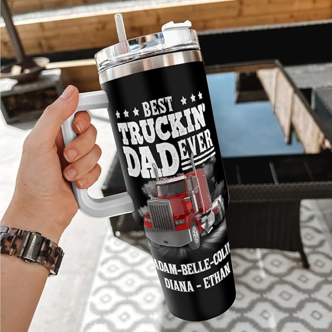 Best Truckin' Dad Ever Personalized Tumbler with Handle and Lid, Custom Truck Driver Nutrition Facts Mug, 20oz 30oz Insulated Stainless Steel Gift - Bloomnest