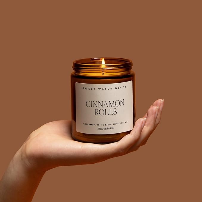 Sweet Water Decor Cinnamon Roll Candle - Fall Candle with Cinnamon, Icing & Buttery Pastry for Home - Soy Candles with 40 Hours Burn Time - 9Oz Black Lid Amber Jar Holiday Scents - Bloomnest