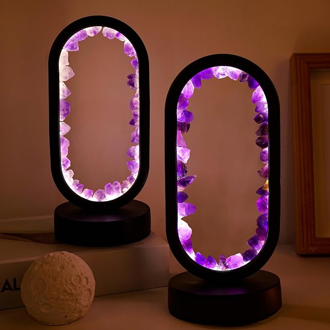 Runyangshi Crystal Lamp Amethyst Raw Stone Ellipse Night Lamp Natural Healing Crystal Night Light Table Lamp Base USB Port 3 Colours Mode for Bedroom Bedside Lamp Office Home Decor Gift - Bloomnest