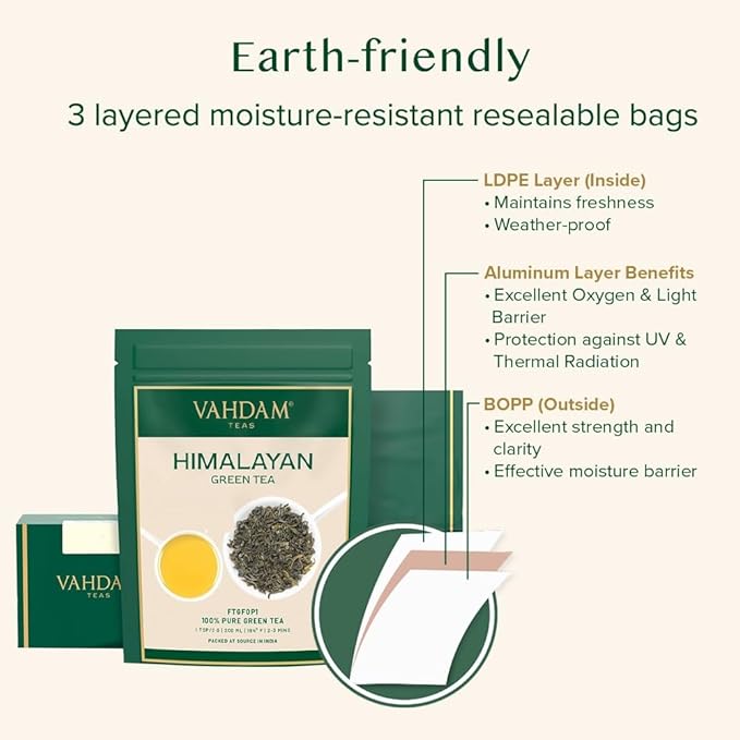 VAHDAM, Himalayan Green Tea Leaves (50+ Cups, 3.53 Oz) Non GMO, Gluten Free | High Elevation Grown Green Tea Leaves From Himalayas | Pure Unblended Single Origin Green Loose Leaf Tea | Vacuum Sealed - Bloomnest