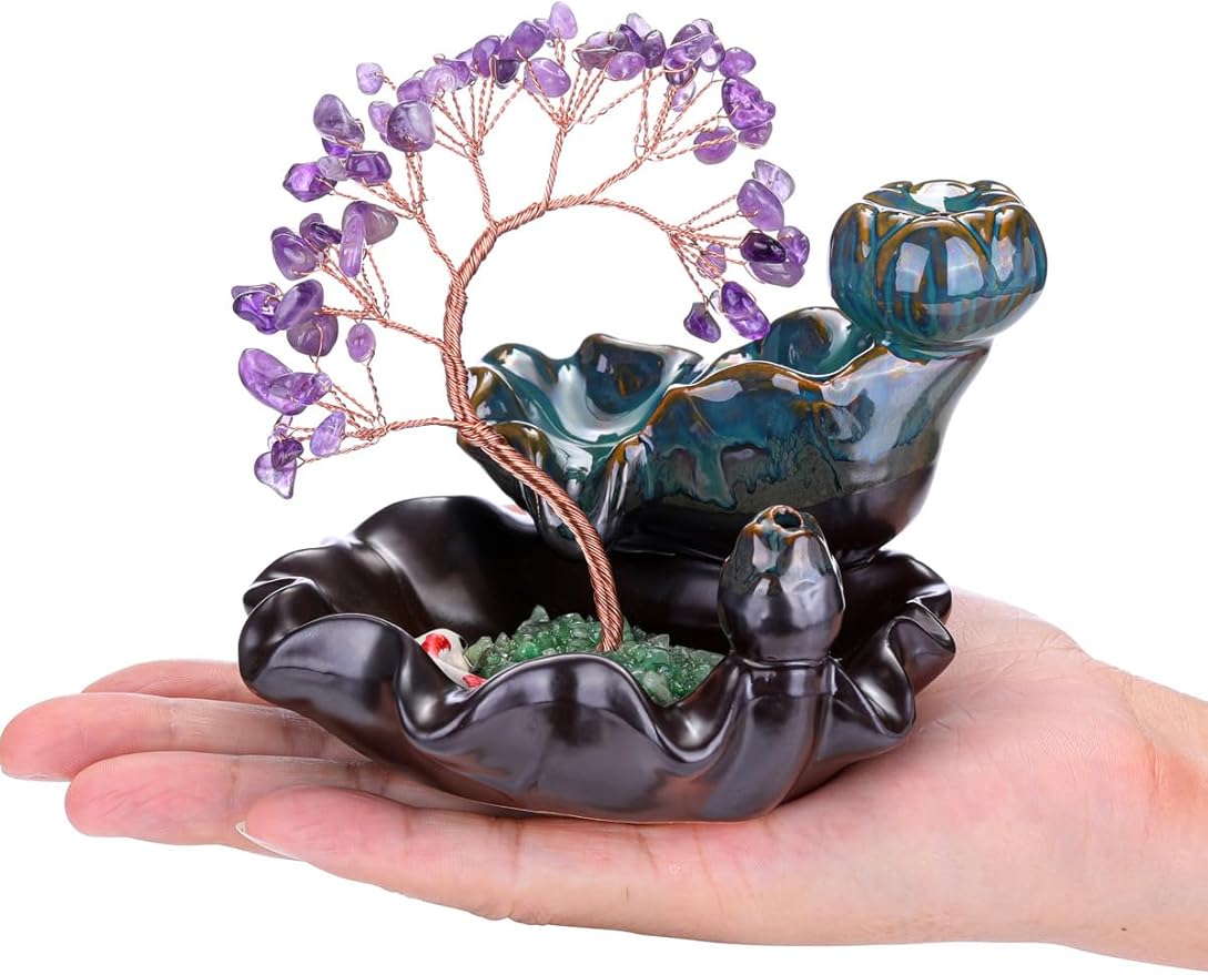 Jovivi Backflow Incense Burner Ceramic Incense Waterfall, Natural Amethyst Healing Crystal Money Tree Incense Holder for Wealth, Good Luck, Yoga Meditation, Home Decor - Bloomnest