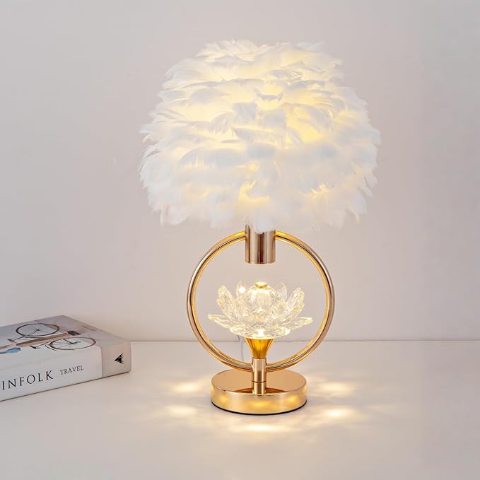 ZYLEIESENBAO Chic White Feather Lamp 17IN Modern Crystal Fluffy Table Lamp Cute Romantic Bedside Nightstand Light Nordic Furry Desk Lamp for Girl Bedroom Living Room Entry Office Hotel Party Wedding - Bloomnest