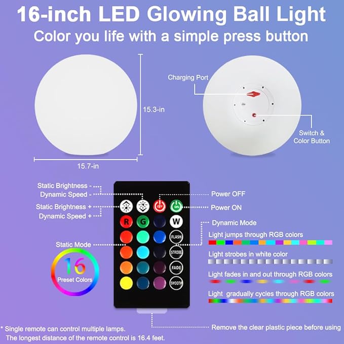 16 In Cordless LED Glowing Ball Light, LED Globe Orb Night Light w/Remote,16RGB Color Changing Waterproof Light Up Ball Rechargeable Indoor/Outdoor Mood Lamp for Nursery Garden Patio Party Bar Decor. - Bloomnest