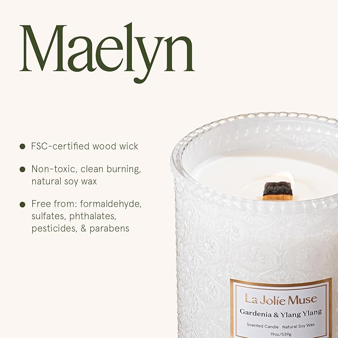 LA JOLIE MUSE Gardenia & Ylang Ylang Scented Candle โ Ylang, Tuberose, Orange Blossom |19 oz Large Wooden Wick Candle | Natural Soy Wax | 90 Hours Clean Burn | Gift-Ready for Hosts - Bloomnest