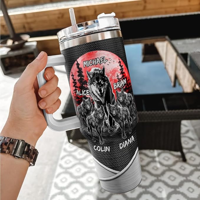 Personalized Dad Wolf Pack Tumbler 40oz with Handle and Straw, Custom Name Stainless Steel Cup with Wolves and Kids' Names, Unique Gift for Father’s Day, Birthday or Christmas - Bloomnest
