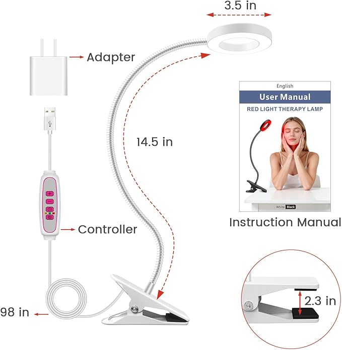 Red Light Therapy for Face and Body Use, 660nm Red and 850nm Near Infrared Red Light Therapy Lamp with Clip and Angle Adjustable, Small and Portable, Suitable for Home or Travel Use, White Aumtrly