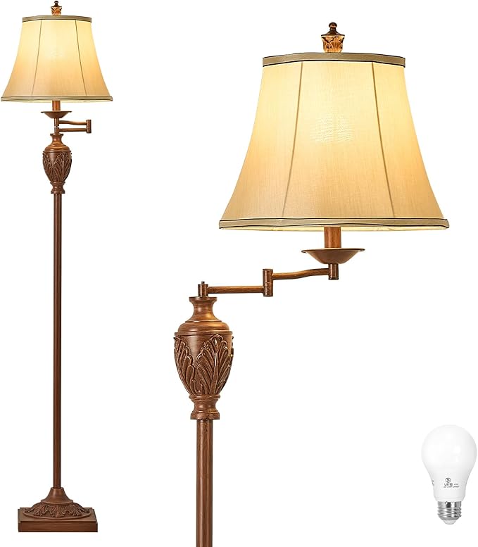 Traditional LED Floor Lamp with 350° Adjustable Swing Arm Lamp – Vintage Standing Pole lamp for Living Room, Bedroom and Office – Rustic Upright Floor Light for Home Décor with Faux Silk Fabric Shade - Bloomnest