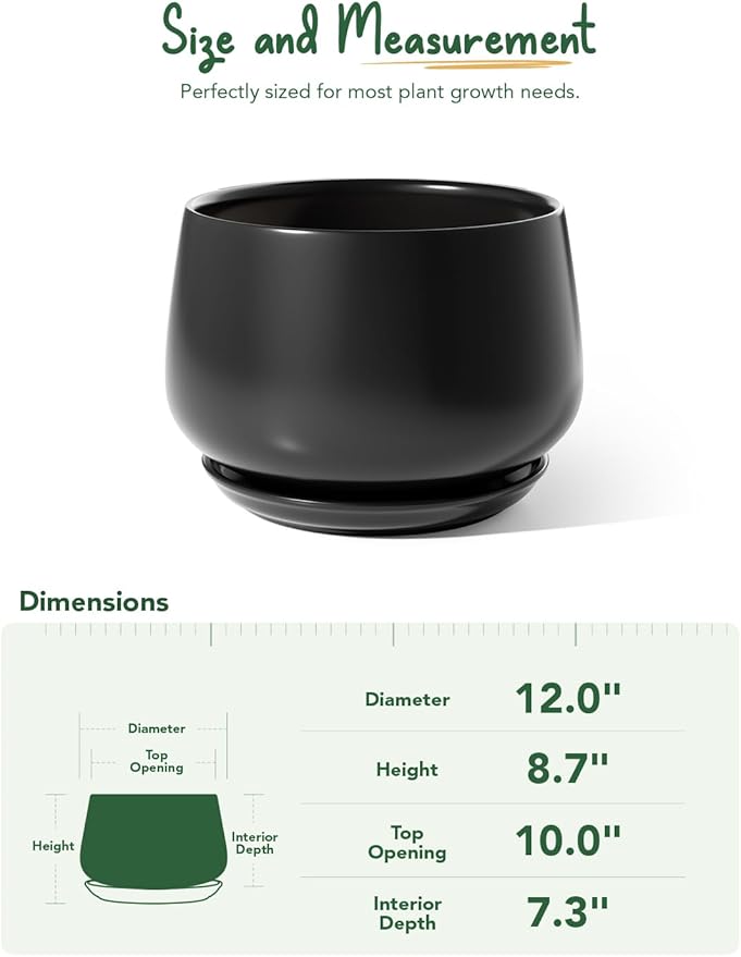 LE TAUCI Ceramic Planters, 12 Inch Pots for Plants, Indoor Plant Pots with Drainage Holes and Saucers, Modern Planters Fit Mid Century Plant Stand, Flower Pots for Indoor Plants, Black - Bloomnest