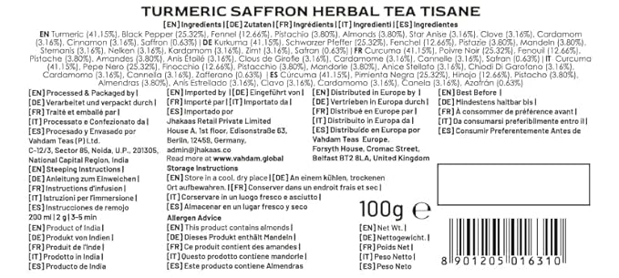VAHDAM, Turmeric Saffron Herbal Tea Loose Leaf 100g (50 Cups, 3.5oz) Blend Of Turmeric Tea, Saffron Tea & Fresh Spices | Whole Loose-Leaf Tisane | Vacuum Sealed for Freshness - Bloomnest