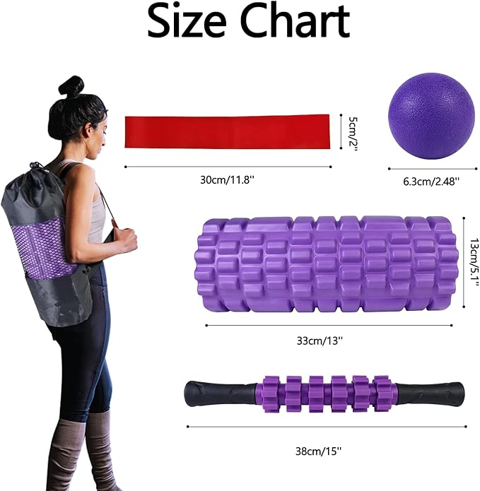 5 in 1 Foam Roller Set, Trigger Point Foam Roller Patented, Massage Roller Stick, Massage Ball, Stretching Strap for Deep Tissue Massager for Muscle Pilates Yoga Whole Body - Bloomnest