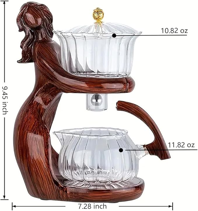 Lazy Kungfu Drip TeaPot, Heat Resistant Tea Set, Semi-Automatic Glass Teapot Suit for Magnetic Water Flow Wooden Glass Teapot Set with Cups (Red Maiden)