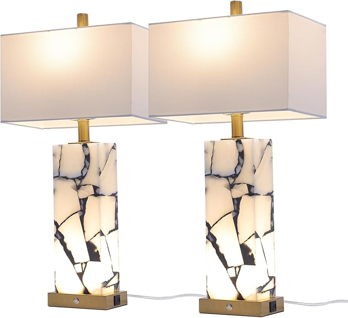 Natural Marble Table Lamps Set of 2: 3-Color Temperatures Alabaster Lamp with Nightlight, Bedside Lamps with USB Ports, Bedroom Lamps for Night Stands End Table Lamps for Living Room, Bulbs Included - Bloomnest