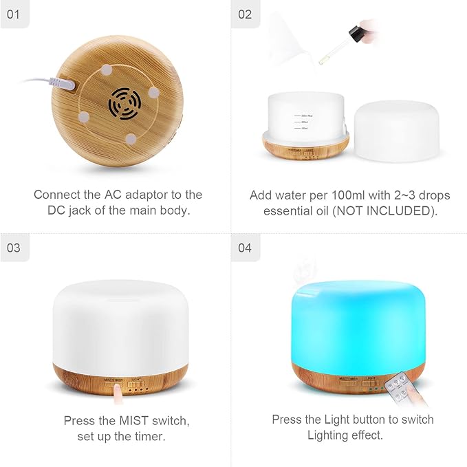 300ML Essential Oil Diffuser, Remote Control Ultrasonic Aromatherapy Oil Diffusers Cool Mist Humidifier, Waterless Auto-Off and 7 LED Light Colors for Bedroom, Yoga, SPA, Baby - Bloomnest