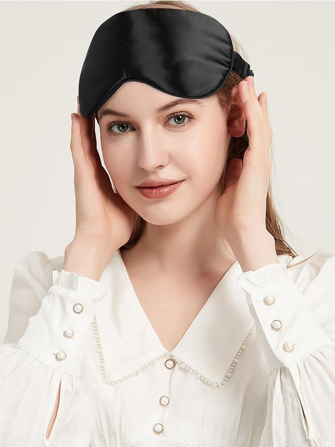100% Mulberry Silk Eye Mask for Sleeping with Silk Wrapped Adjustable Strap,Black - Bloomnest