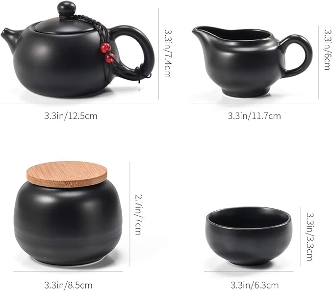 Chinese Tea Pot Cup Set with Tray Infuser - Travel Ceramic Tea set Porcelain Teapot, Portable All in One Bag for Outdoor Picnic Business Hotel (Black) - Bloomnest