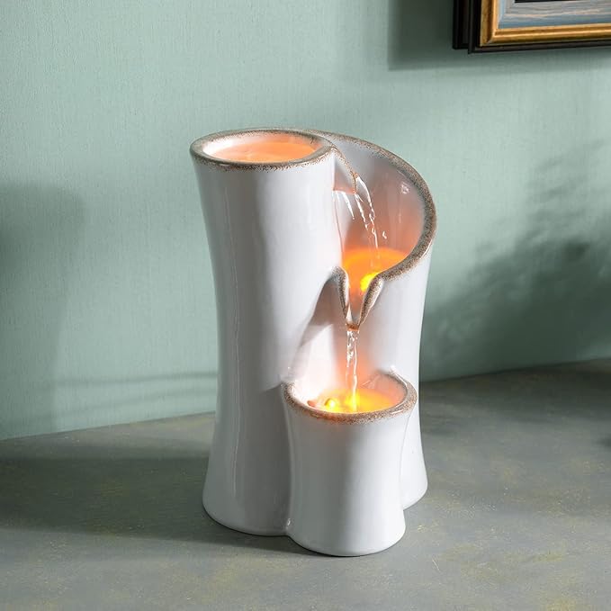 Haobos Indoor Water Fountain Imitation Ceramics Appearance Tabletop Fountain Relaxation Desktop Waterfall w/ 3 Reflective led, 9.8 Inch Tall Fountain (Grey) - Bloomnest