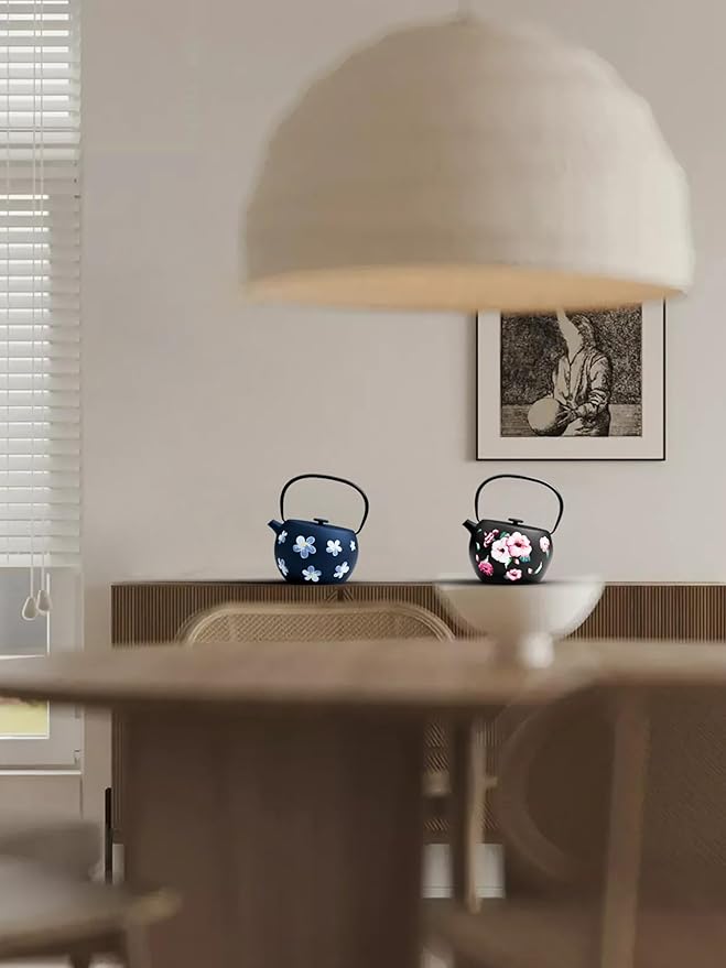 Toptier Teapot with Removable Infuser, Cast Iron Tea Kettle Stovetop Safe, Solid Geometry Ball Design Tea Pot Coated with Enameled Interior for 32 Ounce (950 ml), Navy Flower - Bloomnest