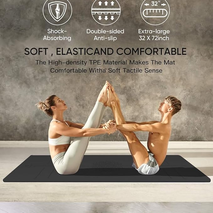 Yoga Mat Non Slip TPE Extra Wide Yoga Mat with Alignment Mark, 72"L x 32"W x 0.32"/0.24"Th (183cm x 80cm x 8mm/6mm), Anti-Tear Exercise Mat with Carrying Strap and Bag, Workout Mats for Yoga, Pilates - Bloomnest