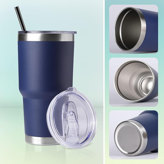 DOMICARE 30oz Tumbler Bulk with Lid and Straw, Double Wall Travel Coffee Mug, Insulated Vacuum Stainless Steel Tumblers, Powder Coated Tumbler Cup (Navy, 8) - Bloomnest