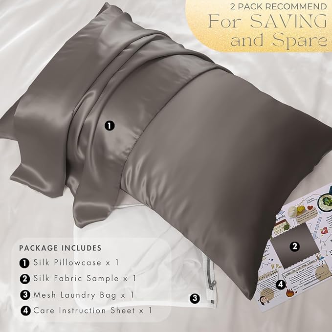 PROMEED Grey Silk Pillowcase Standard Size - Both Sides 23 Momme Grade 6A+Mulberry Silk Pillow Case Covers for Hair and Skin, Soft and Acne Free (Standard 20"x26", Grey) - Bloomnest