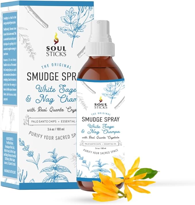 SOUL STICKS White Sage & Nag Champa Smudge Spray – 3.5oz Smokeless Cleansing Mist with Quartz Crystals – Spiritual Aromatherapy Spray for Meditation, Yoga, Home Energy Clearing & Relaxation SoulSticks