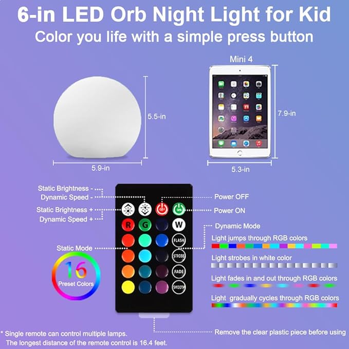 6-in Cordless LED Globe Orb Light for Kids, RGB Color Changing Orb Night Light Mood Lamp w/Remote, Rechargeable LED Ball Night Light Sphere Bedside Lamp, Ideal for Home Garden Patio Party Bar Decors - Bloomnest