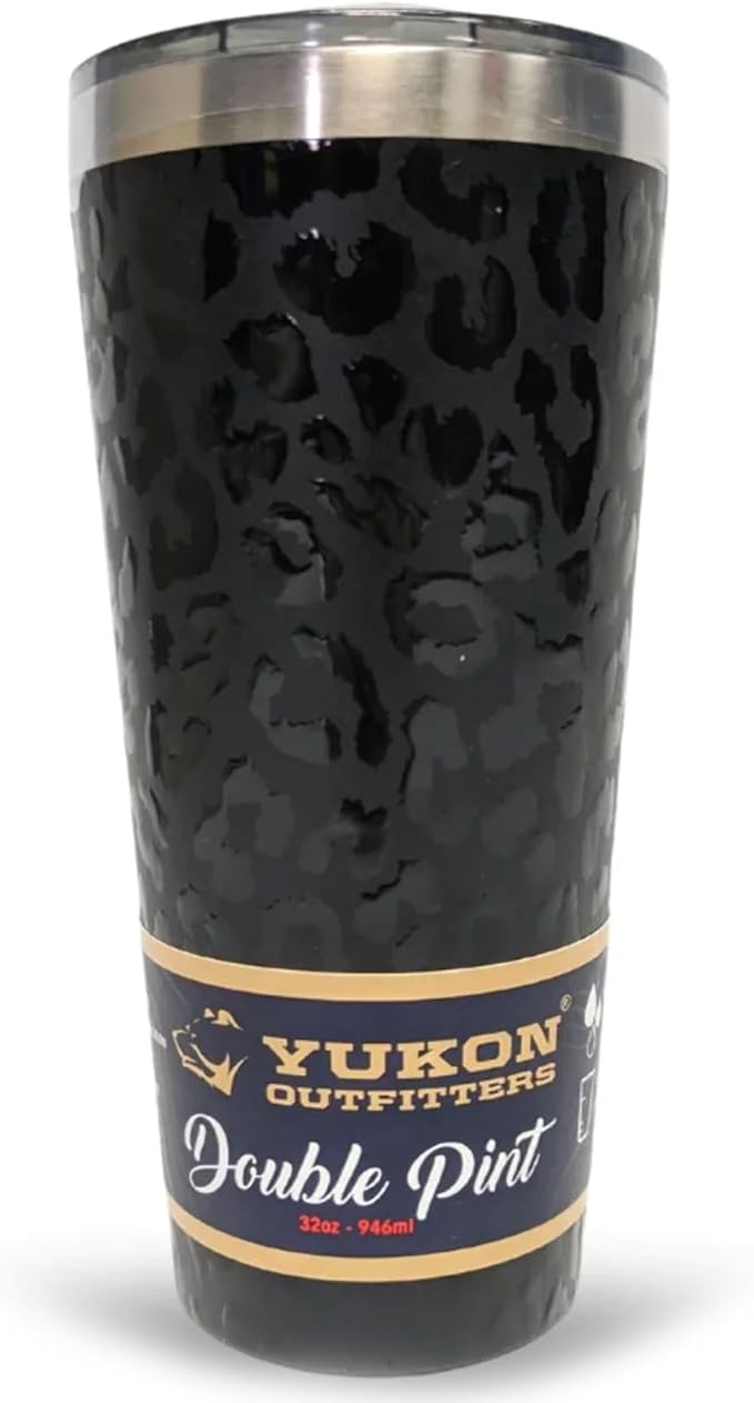 Yukon Outfitters 32oz Double Pint Double Wall Vacuum Insulated Stainless Steel Tumbler with Three Flow Lid | For Hot or Cold Beverage | Fits Most Cup Holders, UV Black Leopard - Bloomnest