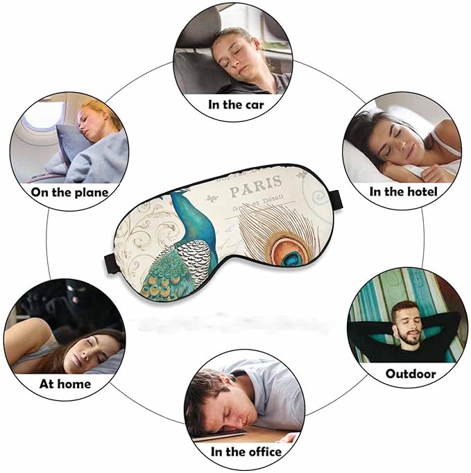 Peacock Flowers Sleep Eye Mask Vintage Feather Letter Green Brown Men Women Sleep Mask with Adjustable Strap Eye Cover Eye Shade for Travel, Nap,Meditation - Bloomnest