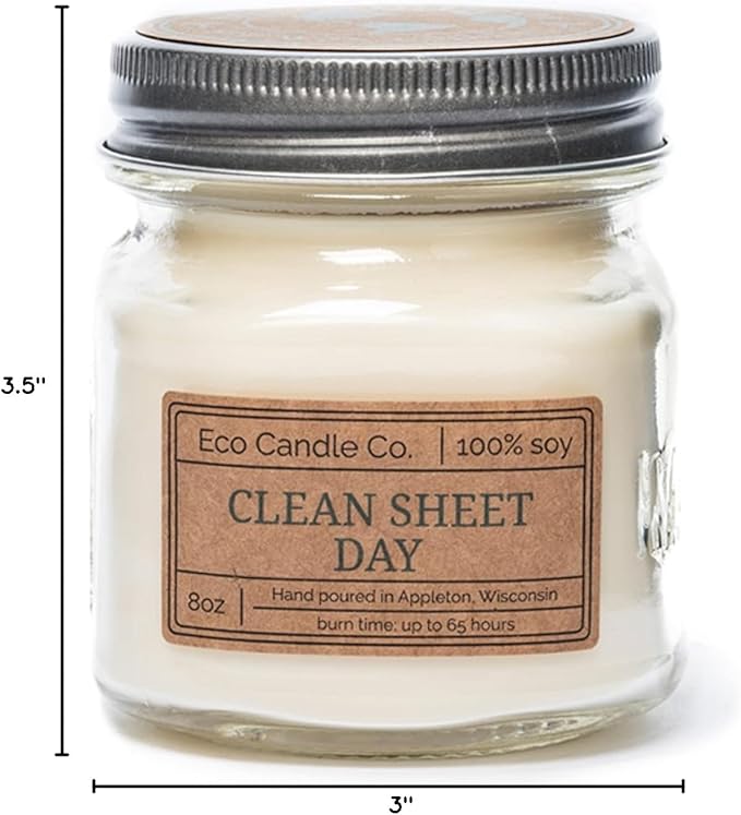 ECO CANDLE CO. Mason Jar Candle, Clean Sheet Day, 8 oz. - Scents of Clean Linens - 100% Soy Wax, No Lead, Kraft Label & Antiqued Pewter Lid, Hand Poured, Made from Midwest Grown Soybeans - Bloomnest