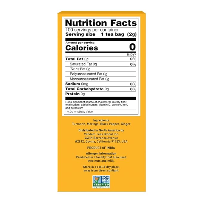 VAHDAM, Turmeric Moringa Tea Bags (100 Herbal Tea Bags) Caffeine Free, Non GMO | 100% Pure Herbal Blend - Sweet & Earthy | Resealable Ziplock Pouch - Bloomnest
