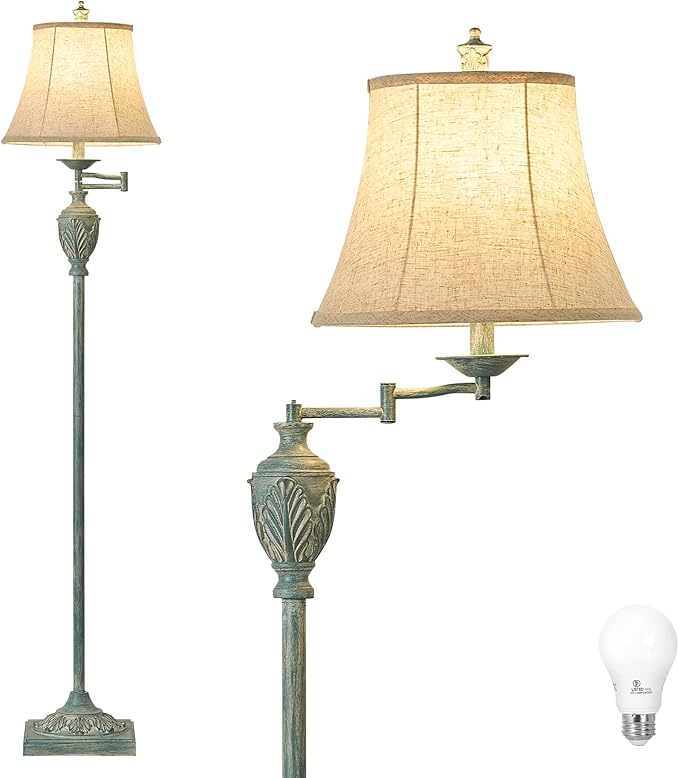 Traditional LED Floor Lamp with 350° Adjustable Swing Arm Lamp – Vintage Standing Pole lamp for Living Room, Bedroom and Office – Rustic Upright Floor Light for Home Décor with Faux Silk Fabric Shade - Bloomnest