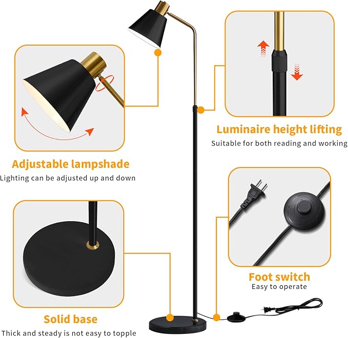 Dimmable Black Vintage Floor Lamps for Living Room Sofa Corner Bedroom Bedside Office,Unique Adjustable Standing Tall Reading Lights with Bright 12W LED Bulb, Modern Industrial Minimalist Home Decor - Bloomnest