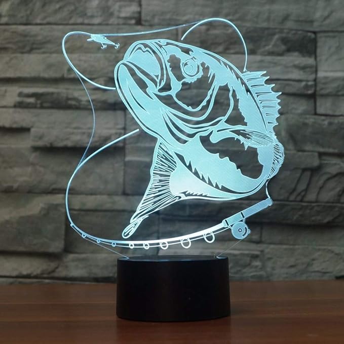 3D Fishing Fish Night Light Lamp Illusion 7 Color Changing Touch Switch Table Desk Decoration Lamps Led Christmas Gift with Acrylic Flat ABS Base USB Cable Toy - Bloomnest