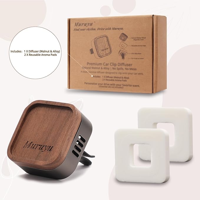 Car Diffuser, Walnut Wood & Zinc Alloy with Magnetic Cover, Refillable Car Air Freshener with 2 Refill Pads, Elegant Auto Decor (No Essential Oils) - Bloomnest