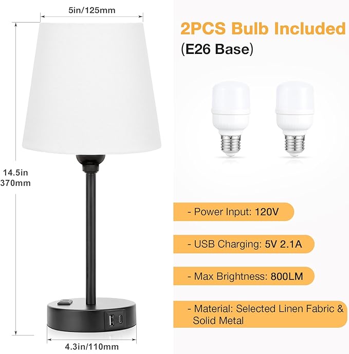 White Bedside Lamps for bedrooms Set of 2 - Nightstand Bedroom Lamp with USB C Port and AC Outlet Charging, 3 Way Dimmable Touch Control Small White Bed Side Table Lamp, Nightstand Light for Kids - Bloomnest