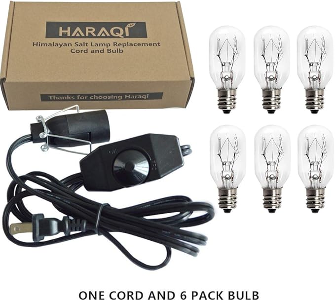 haraqi Salt Lamp Cord and Bulbs,Himalayan Salt Lamp Replacement Cord with Dimmer Switch,Original UL Listed Cord Bulb Replacement for Salt Rock Lamp with 6 Pack 25 Watt E12 Bulbs