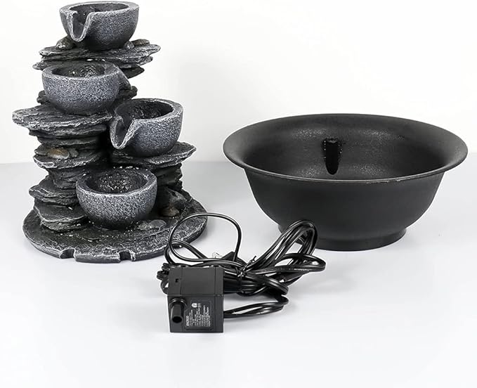 10.6” High Cascading Tabletop Fountain w/LED Light - 4-Tier Bowls Rock Water Fountains Indoor Small Relaxation Waterfall Feature for Home, Office and End Table Decoration (10.6" high, Gray) - Bloomnest