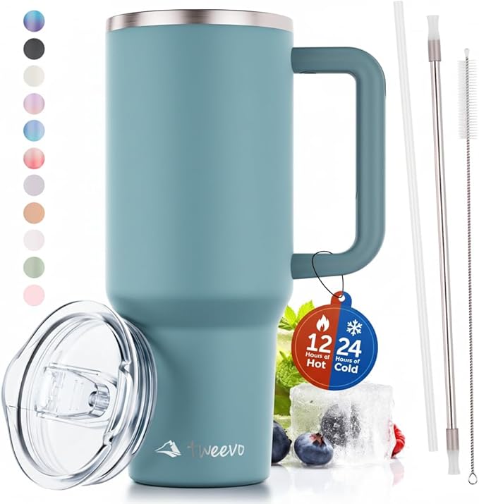 40 oz Tumbler With Handle and Straw Made of Stainless Steel - Double Wall Vacuum Insulated Tumbler With Lid - Sweat Proof Easy Grip, BPA-Free, Dishwasher Safe Tumbler (Aqua Sky) - Bloomnest
