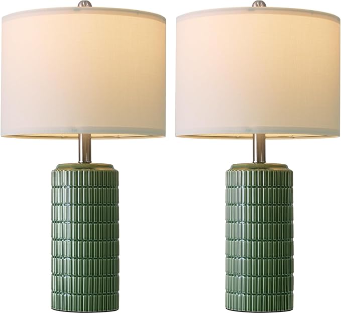 PoKat 23" Dark Green Ceramic Table Lamps Set of 2, Modern Table Lamps for Living Room, Farmhouse Lamps for Bedroom Night Stands, Traditional Nightstand Desk Decor Lamps - Bloomnest