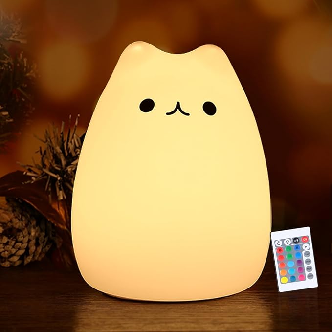 Cat Lamp, Cute Kitty Night Light with Remote Control, Christmas Gifts for Girls Boys Teens, Rechargeable Kids Night Light for Bedroom, Silicone Kawaii Kitty Baby Nursery Nightlight Lamp - Bloomnest
