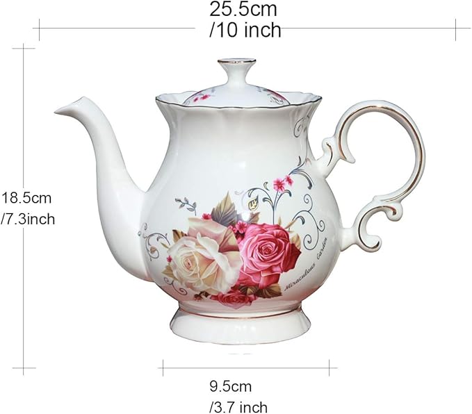 Jomop European Style Ceramic Flower Teapot Coffee Pot Water Pot Porcelain Gift Large 5.5 Cups (1, Rose) - Bloomnest