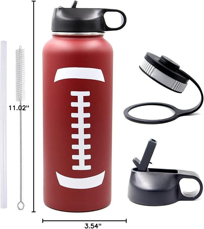 40 oz Football Water Bottle with Straw, Wide Mouth Sports Flask Metal Travel Tumbler with 2 Lids, Stainless Steel Double Wall Vacuum Insulated Thermo Water Jug, Football Gear Gifts for Boys Girls - Bloomnest