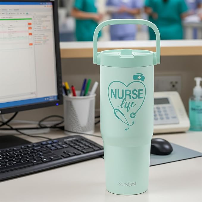 SANDJEST Nurse Life Stainless Steel Straw Lid Tumbler 30oz with Carry Handle for Women Girls, Insulated Travel Coffee Cup, Gift for Sports Outdoor Christmas Birthday Nurses Week Nursing School - Bloomnest