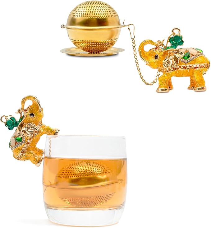 Stainless Steel Metal Tea Ball, 1.37-inch Tea Strainer, Crystal Diamond Elephant Tea Infuser for Loose Leaf Tea Festival Gifting and Personal Use, Gift Box Packaging(Gold)